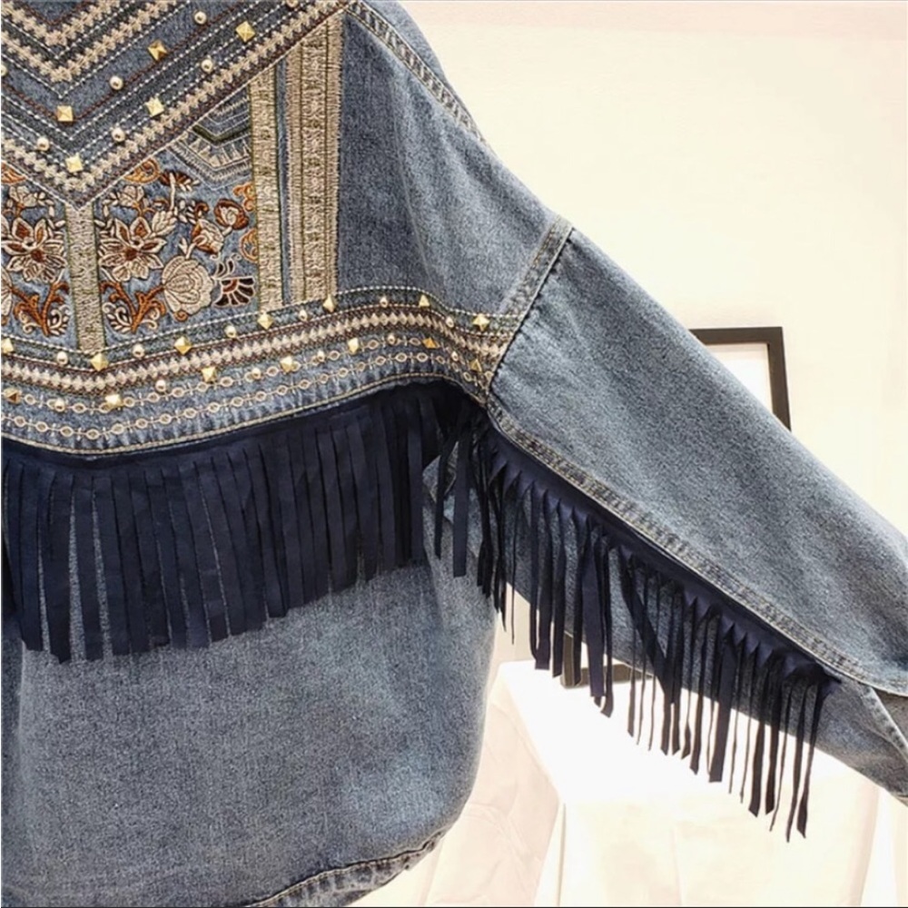 #53 New! Oversized Denim Stud Fringe Embroidered Jacket - Picture 5 of 5